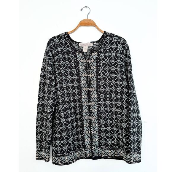 Nomadic Traders Light Blue Black & Ivory Hook Eye Alpine Nordic scandi Cardigan - Picture 1 of 4